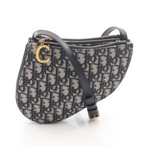 Dior Shoulder Bag Saddle Pouch Black Navy Canvas Leather White Beige
